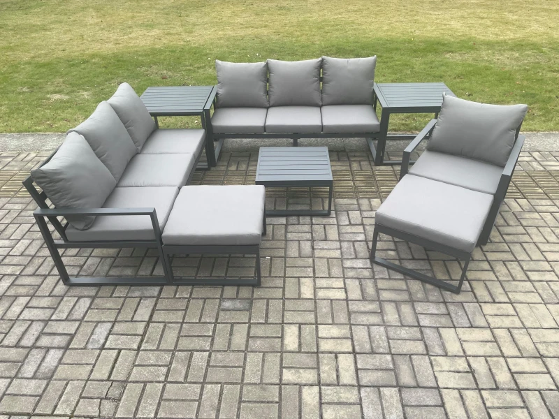 Image of Fimous Aluminium Outdoor Lounge Sofa Set Garden Furniture Sets with Square Coffee Table Chair 2 Big Footstools 2 Side Tables Dark Grey Dark Grey Unise