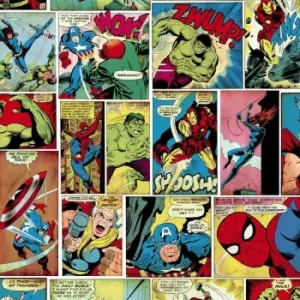 Image of Marvel Avengers Wallpaper Multi Coloured Hulk Thor Ironman Comic Strip Kids Room
