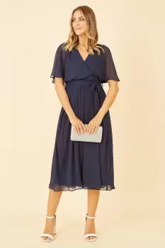 Image of Navy Wrap Midi Dress With Flutter Sleeve