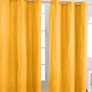 Image of Homescapes - homecapes Cotton Plain Mustard Yellow Ready Made Eyelet Curtain Pair, 137 x 182cm - Yellow