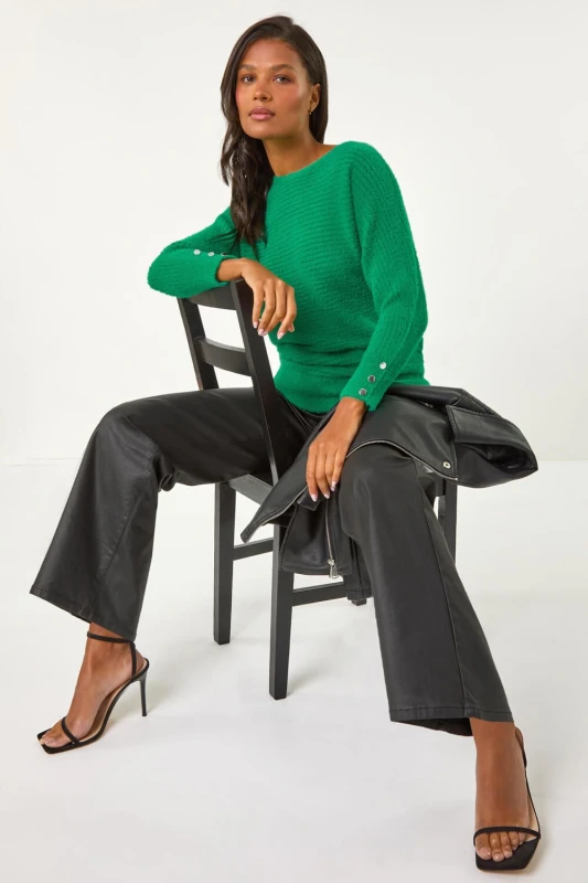 Image of Roman Button Sleeve Fluffy Jumper Green