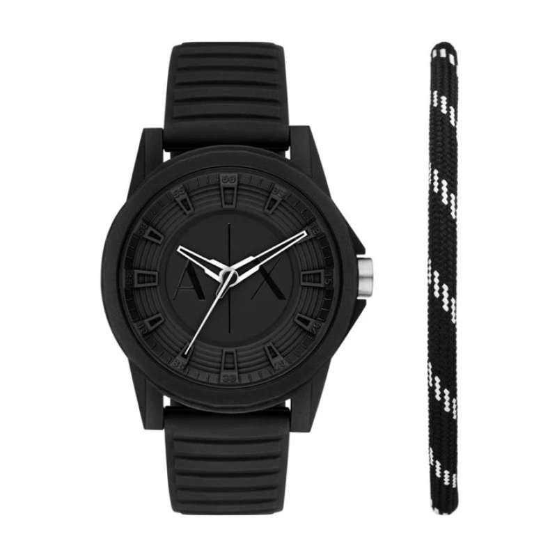 Image of Armani Exchange AX7159SET Black Silicone Watch And Bracelet Set - W65438