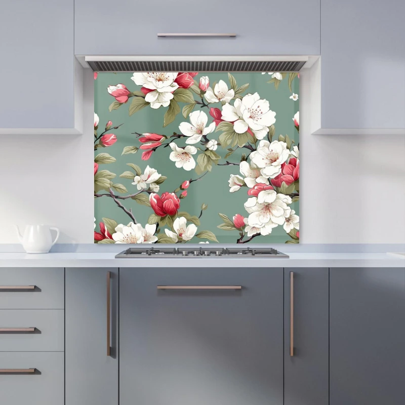 Image of Warren Reed - Designer Pink & White Blossom Kitchen Splashback in Green Size: 600mm x 750mm Green Unisex 600mm x 750mm