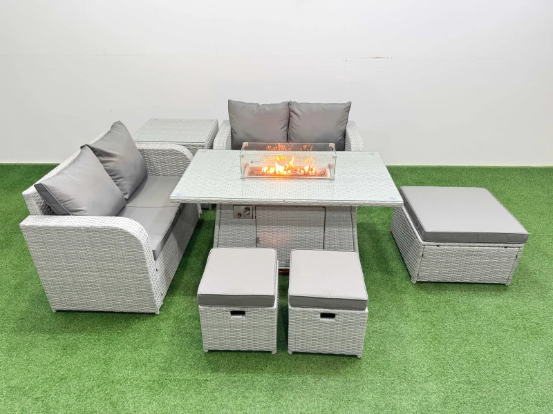 Image of Fimous 7 Seater Outdoor Love Sofa Set Rattan Garden Furniture Set with Firepit Dining Table 3 Footstool Side Table Light Grey Light Grey