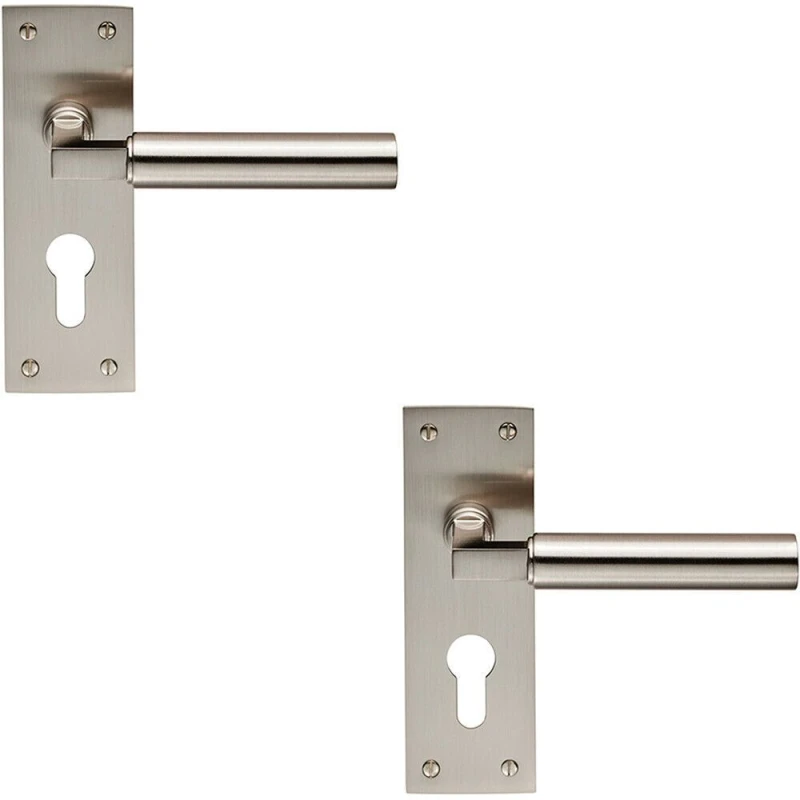 Image of Loops 2x PAIR Round Bar Handle on Slim Euro Lock Backplate 150 x 50mm Satin Nickel Metallics