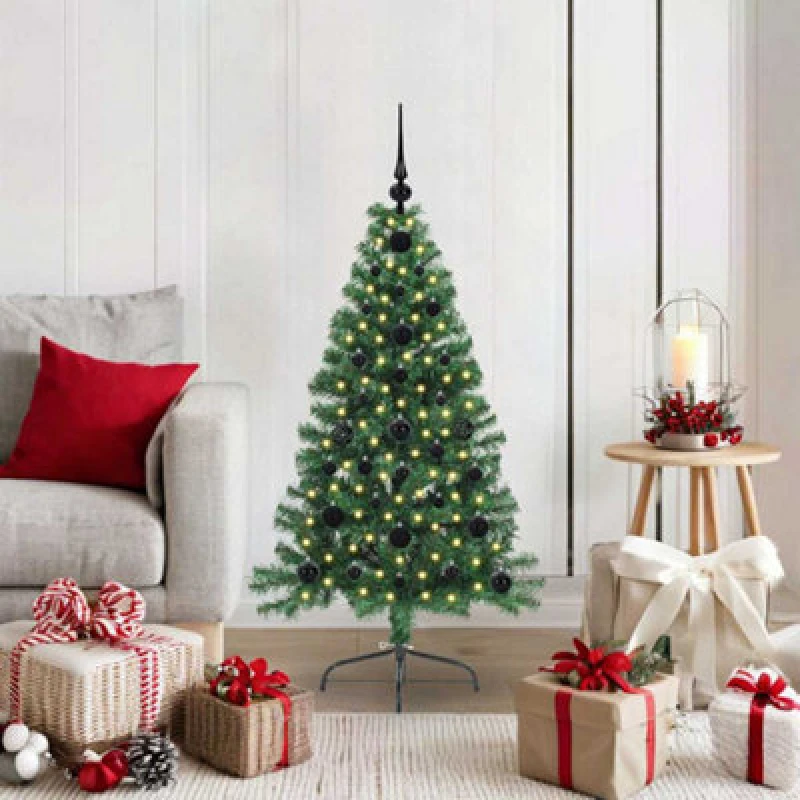 Image of vidaXL Artificial Pre-lit Christmas Tree with Black Balls Green 120cm PVC, Green 3396990