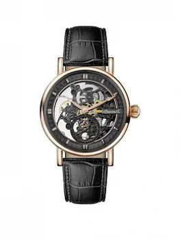 Image of Ingersoll 1892 The Herald Black And Rose Gold Skeleton Dial Black Leather Strap Automatic Mens Mens Watch
