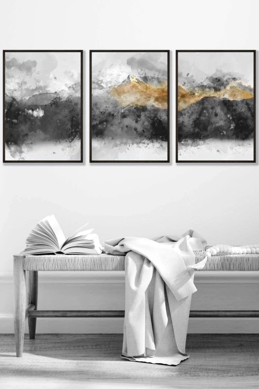 Image of ARTZE Abstract Grey & Yellow Mountains Framed Wall Art - Medium in Black Size: W45cm x H62cm x D20mm Black Unisex W45cm x H62cm x D20mm