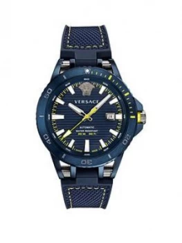 Image of Versace Sport Tech Blue Date Dial Blue Leather Strap Mens Divers Watch