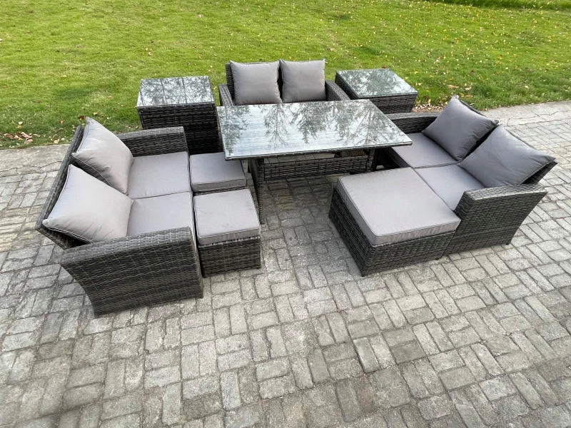 Image of Fimous 9 Seater Wicker PE Rattan Garden Furniture Sets Outdoor Lounge Sofa Set with Oblong Dining Table Double Seat Sofa in Dark Grey Dark Grey Unisex