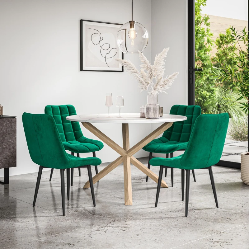Image of More4Homes Malvern Round Dining Table And Chairs - Marble Table Top W Solid Oak Legs + Nova Velvet Dining Chair Set Of 4 (Green)