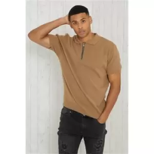 Image of I Saw It First Beige Slim Fit Half Zip Knitted Top - Beige