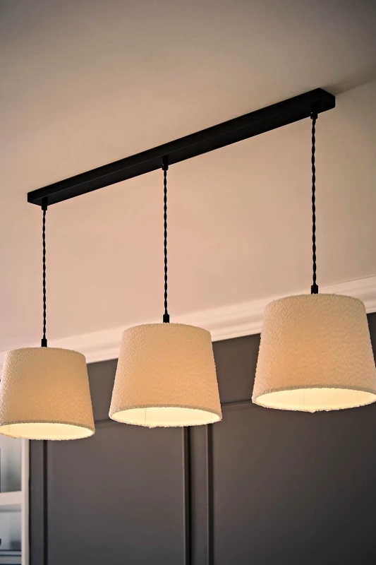 Image of ValueLights ValueLights Rory Tapered Boucle Shade 3 Drop Bar Ceiling Diner Light & Bulbs in Cream Cream One Size Unisex 5059406064524
