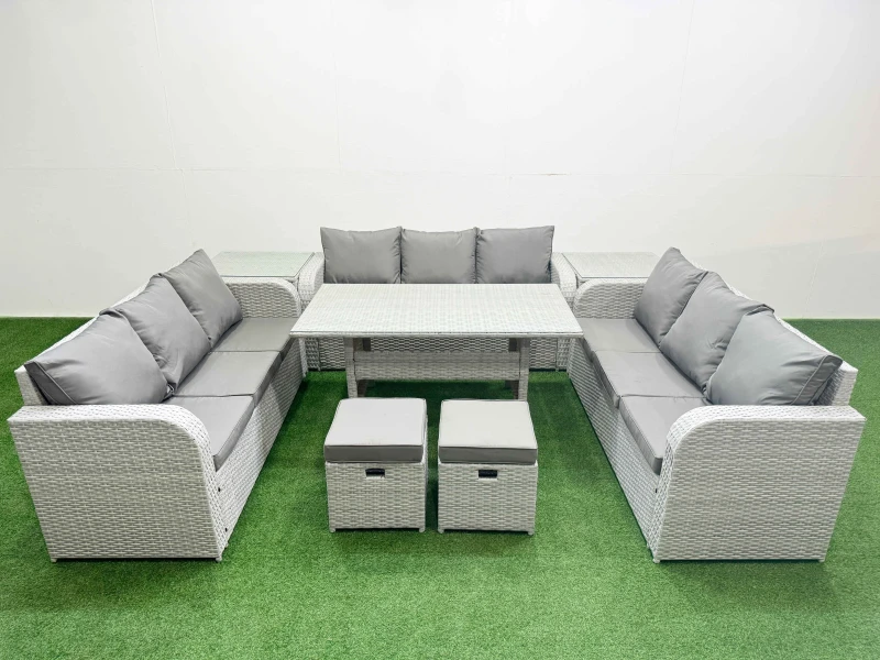 Image of Fimous PE Rattan Lounge Sofa Set 11 Seater Outdoor Garden Furniture Set with Rectangular Dining Table 3 Seater Sofa 2 Stools 2 Side Table Light Grey L