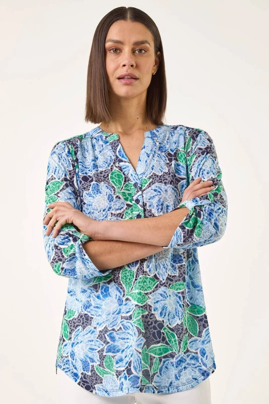 Image of Roman Womens Floral Print Burnout Shirt in Blue Size: 18 Blue Female 18