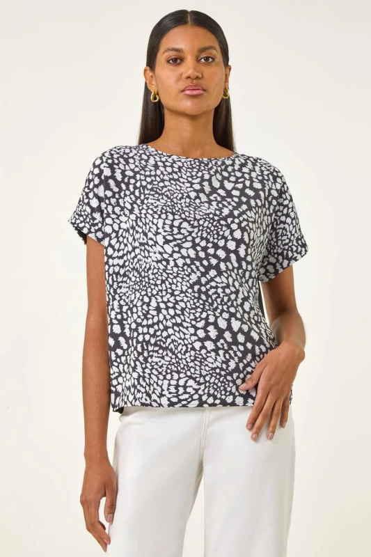 Image of Roman Womens Spot Print Jersey Back Top in Black Size: 18 Black Female 18