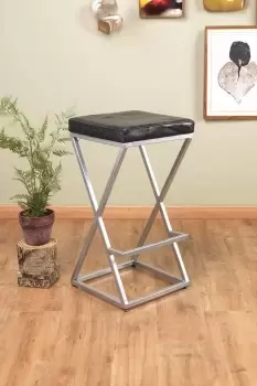 Image of Genuine Black Leather Metal Modern Bar Stool