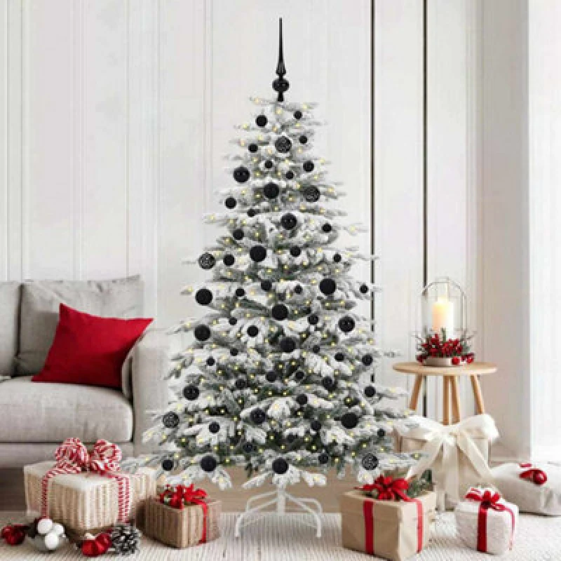 Image of vidaXL Artificial Hinged Christmas Tree with Black Balls White 180cm PE and PVC, White 3395641
