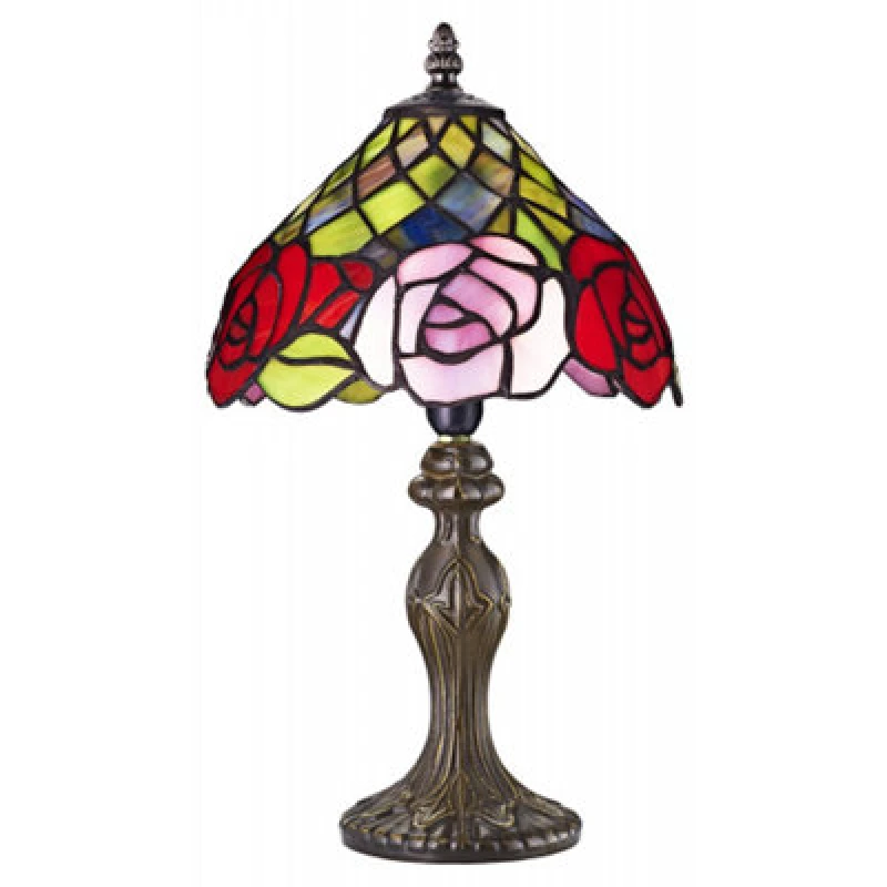 Image of Happy Homewares Red And Pink Rose Decorated Stained Glass Tiffany Lamp