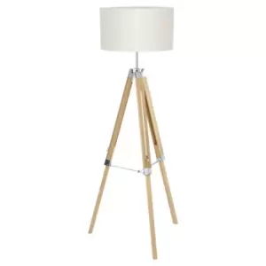 Image of Tripod Floor Lamp Light Wood Leg & Beige Fabric Shade 1 x 60W E27 Bulb