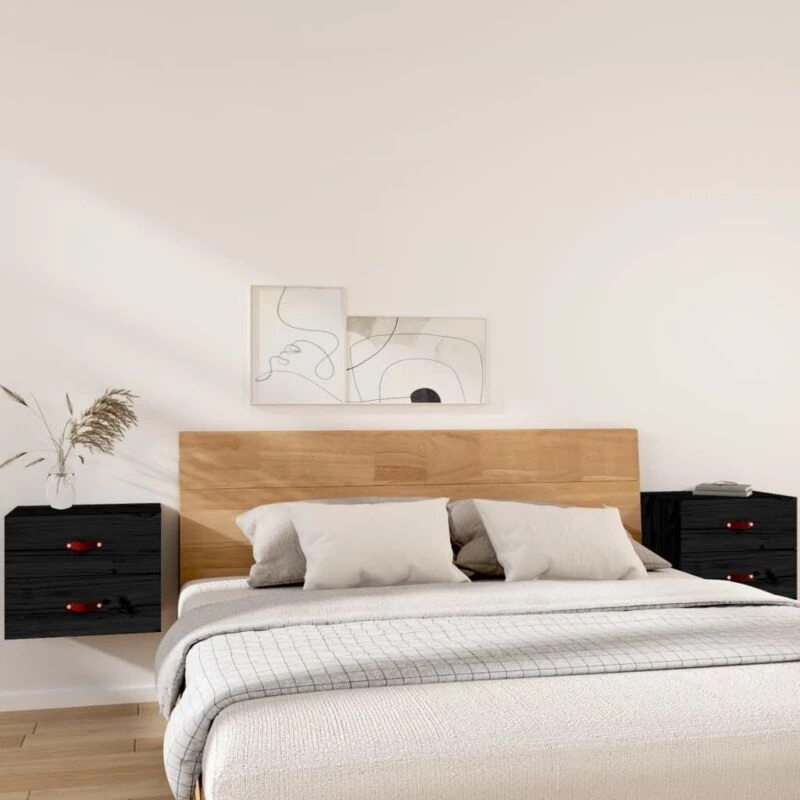 Image of Vidaxl 2X Wall-mounted Bedside Cabinets Bedroom Furniture Floating Bedside Wall Unit Floating Nightstand Wall Bedside Cabinet With Drawer Black