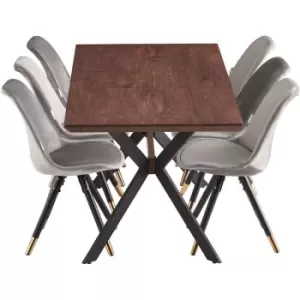 Image of 7 Pieces Life Interiors Sofia Blaze Dining Set - an Extendable Walnut Rectangular Wooden Dining Table and Set of 6 Dark Grey Dining Chairs - Dark Grey