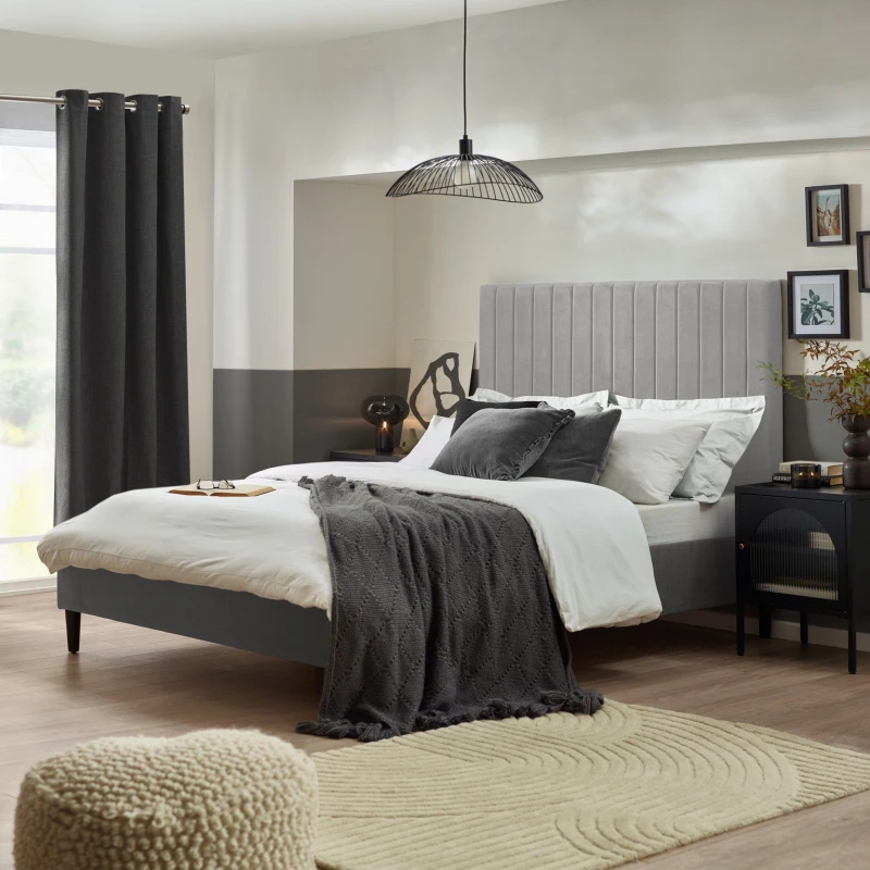 Image of FurnitureboxUK FurnitureboxUK Aster Classic Solid Wood Bed Frame Upholstered in Velvet in Light Grey Size: Double Light Grey Double Unisex 505654269