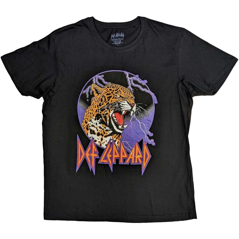 Image of Def Leppard Mens Lightning Leopard Cotton T-Shirt in Black Size: XL Black Male XL