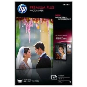 Image of HP Premium Plus 10 x 15cm Glossy Snapshot Photo Paper 50 Sheets White