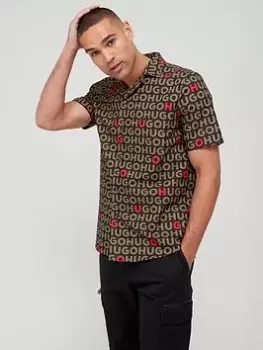 Image of HUGO Ellino Printed Short Sleeve Shirt - Black/Khaki , Green, Size 2XL, Men