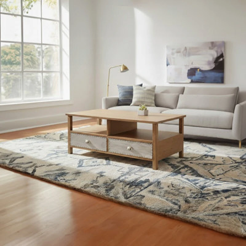 Image of Premier Housewares Interiors by Premier Two Drawer Coffee Table, Modern Coffe Table, 2 Metal Drawer Solid Wood Coffee Table, Rustic Coffee Table Natur