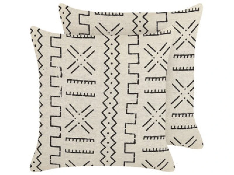 Image of Beliani Set Of 2 Decorative Cushions Myrica Cotton 45 X 45cm White Geometric Pattern