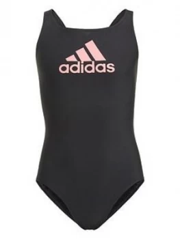 Image of adidas Younger Girls Badge of Sport Swimsuit - Black/Pink, Size 5-6 Years, Women