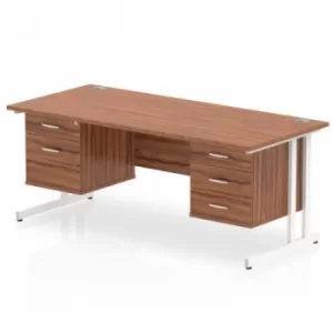 Image of Impulse 1600 Rectangle White Cant Leg Desk WALNUT 1 x 2 Drawer 1 x 3 Drawer Fixed Ped