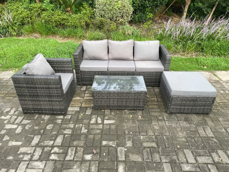 Image of Fimous 4 PCS Outdoor Lounge Sofa Set Wicker PE Rattan Garden Furniture Set with Armchair Oblong Coffee Table Big Footstool Dark Grey Mixed Dark Grey