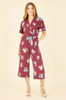 Image of Burgundy Floral Print Jumpsuit With Angel Sleeves