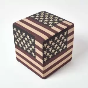 Image of Cotton Square Pouffe Vintage usa Flag, 36 x 36 x 38cm - Blue, Red & White - Homescapes