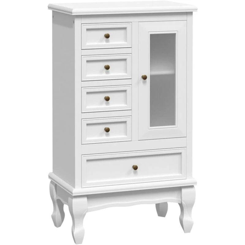 Image of vidaXL Cabinet with 5 Drawers 2 Shelves White Glass Door for Storage Unit
