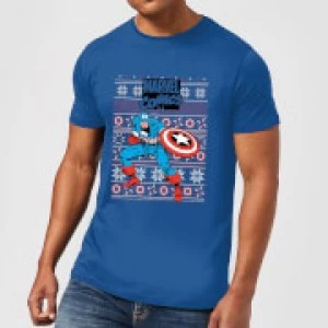 Image of Marvel Avengers Captain America Mens Christmas T-Shirt - Royal Blue - M