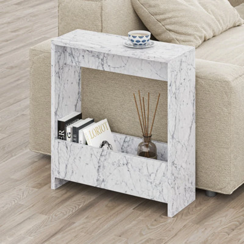 Image of Decortie End Table With Magazine Rack 20X55X60Cm Particleboard White Marble Effect, White 8683628012154