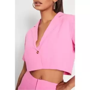 Image of I Saw It First Hot Pink Linen Cropped Blazer - Pink