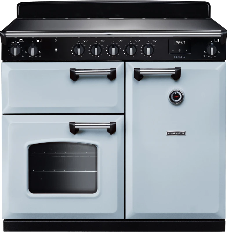 Image of Rangemaster Classic CL100EIPMSB/CM1 100cm wide Electric Range Cooker with Induction Hob - Misty Blue / Chrome - A/A Rated