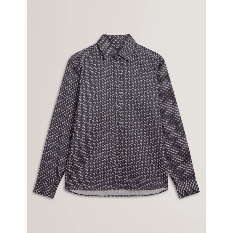Image of Ted Baker Mens Geo Print Long-Sleeve Patterned Shirt Dk-Grey male M (3)