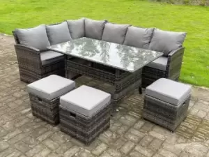 Image of Fimous 6 Seater Outdoor Dark Grey Rattan Lounge Complete Sofa Set with Rectangular Dining Table and 3 Stools