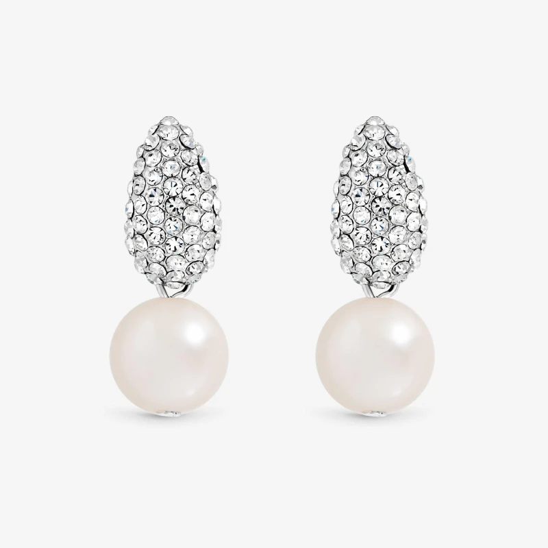 Image of Jon Richard Rhodium Plated Pave Pearl Drop Earrings Silver female One Size