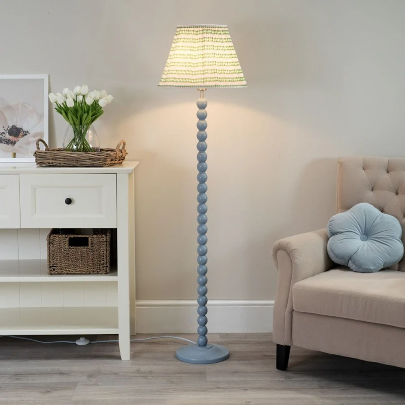 Image of ValueLights Bobbins Powder Blue Floor Lamp with Tapered Fabric Pleated Shade Pink
