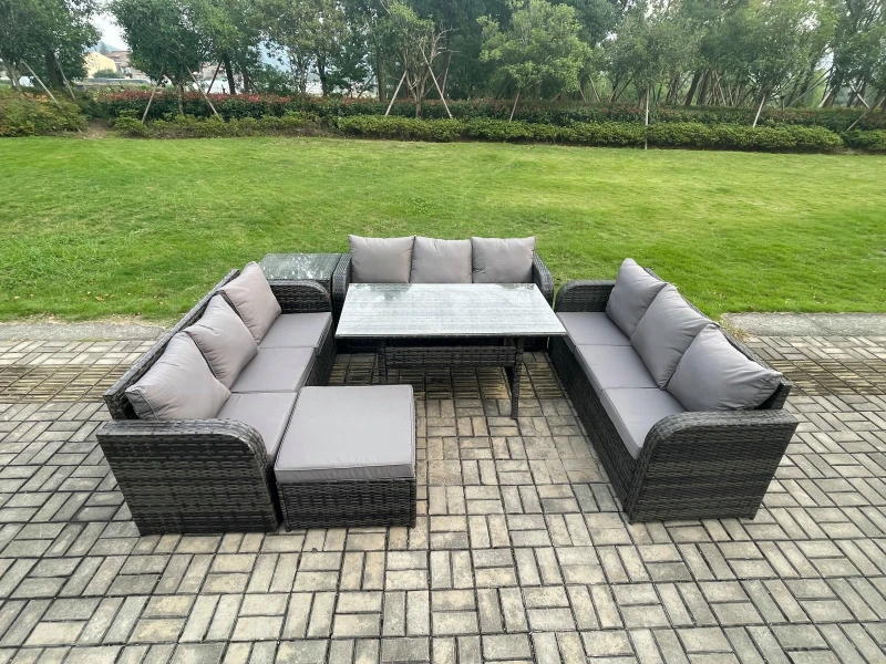 Image of Fimous Patio Rattan Garden Furniture Set with Oblong Rectangular Dining Table Big Footstool Side Table 10 Seater Outdoor Lounge Sofa Set in Dark Grey