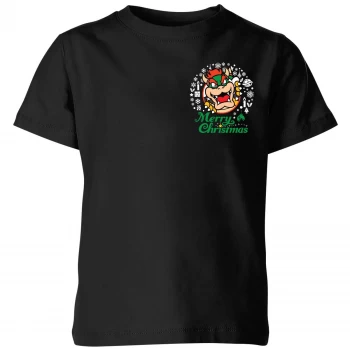 Image of Nintendo Super Mario Bowser Merry Christmas Pocket Wreath Kid's Christmas T-Shirt - Black - 3-4 Years