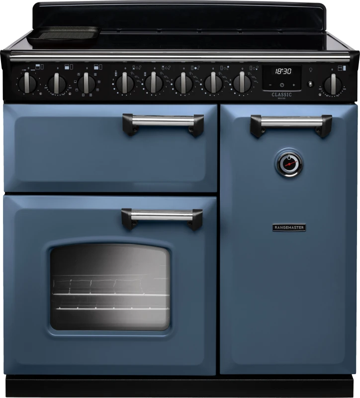 Image of Rangemaster CLDL90EIPSTB/CM1 Classic Deluxe 90cm Induction Range Cooker Chrome Trim 14591 - STONE Blue CLDL90EIPSTB/CM1