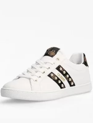 Image of Guess Relka Logo Stud Detail Trainer, White/Brown, Size 5, Women
